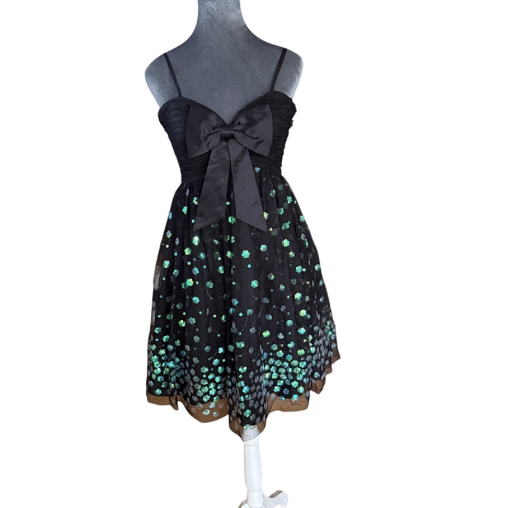 Beyond Black Party Dress Sequin Floral Tulle Overlay Bow Accent Cocktail…